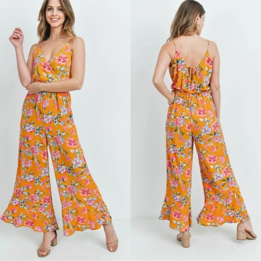 New Spring/Summer Boho Floral Jumpsuit, Spaghetti Straps, Wide leg - Picture 3 of 5